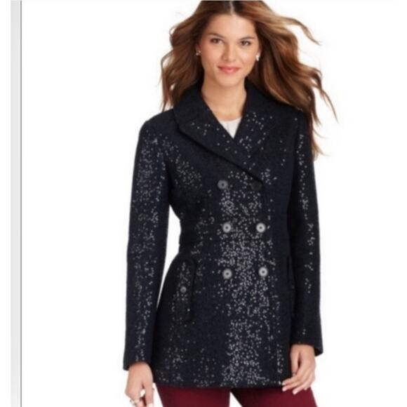 Loft Pea Coat Double Breasted Navy Sequin Wool Blend Size 2 Petite - Picture 1 of 14